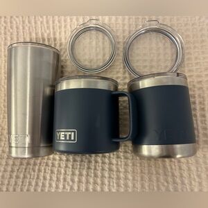 THREE Yeti Navy Blue and Stainless Steel Tumblers with Lids